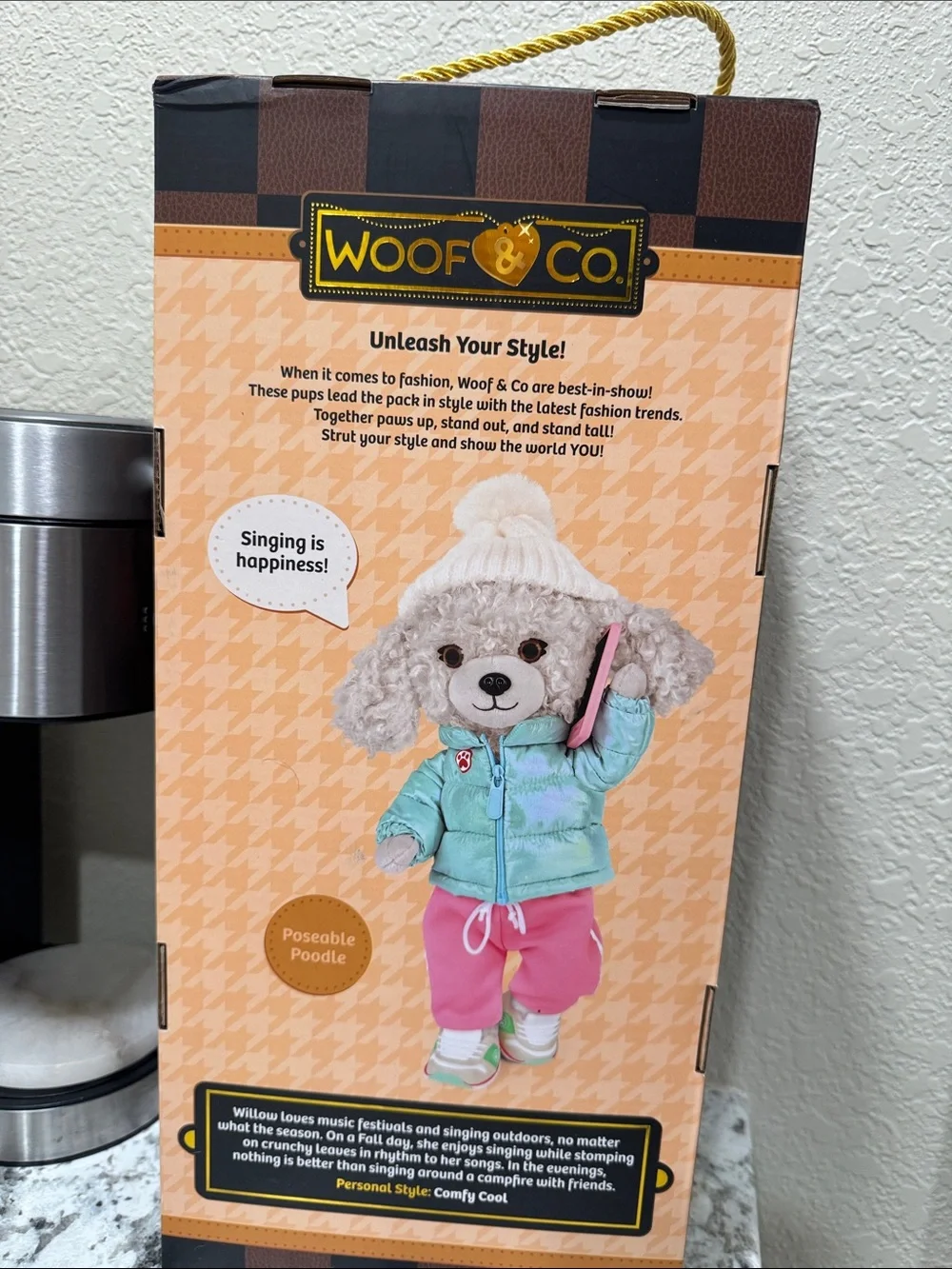 Willow Plush Dog in Iridescent Light Blue Jacket and Cream Knit Hat